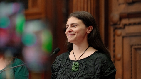 Green Party co-leader Chlöe Swarbrick gives a speech to launch the 2025 Green Budget